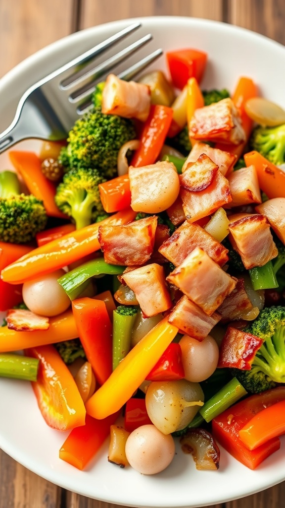 A healthy serving of sautéed vegetables and turkey bacon on a plate, showcasing a colorful and nutritious meal.